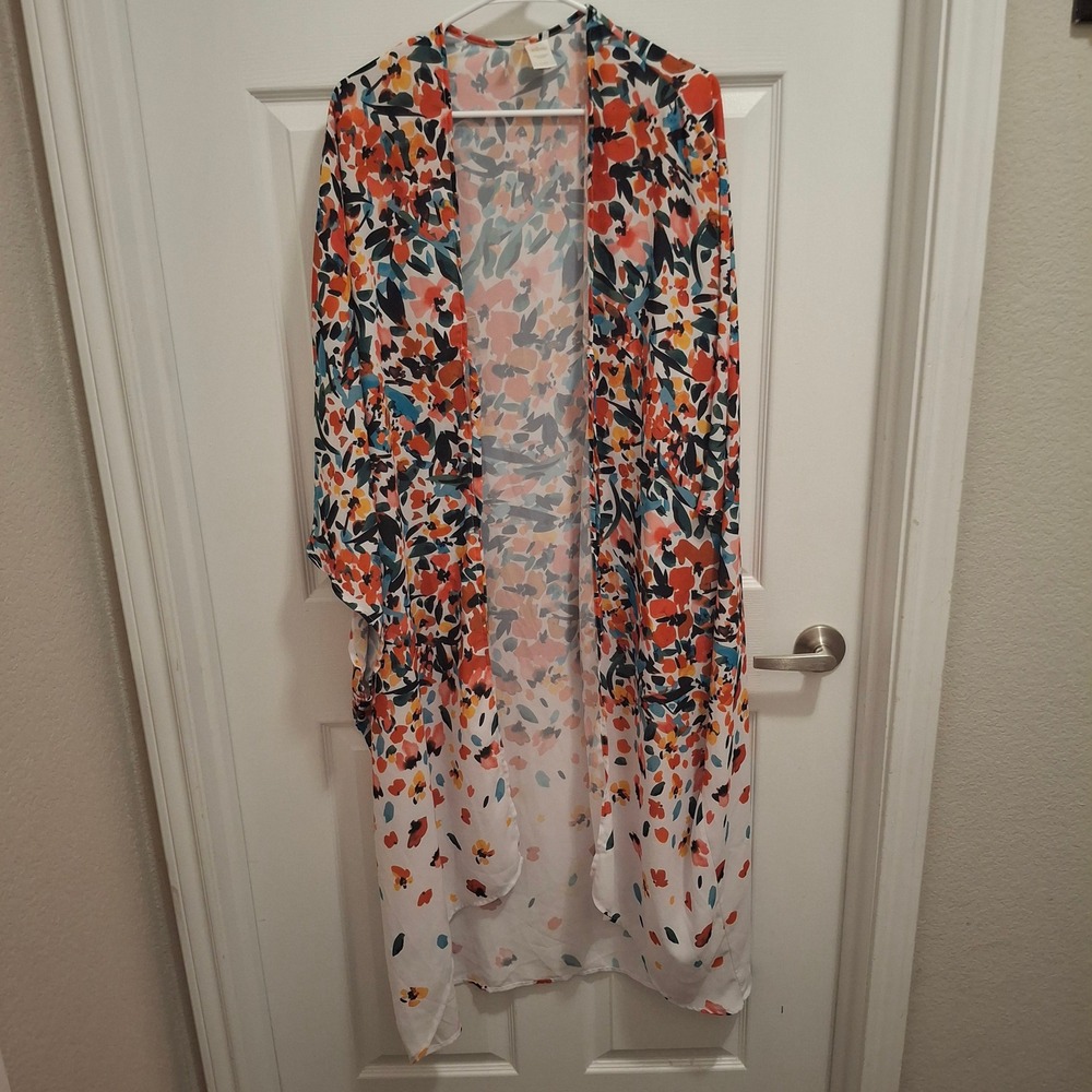 Anne Cole Womens OS Watercolor Floral Longline Kimono Cover Up Orange Blue